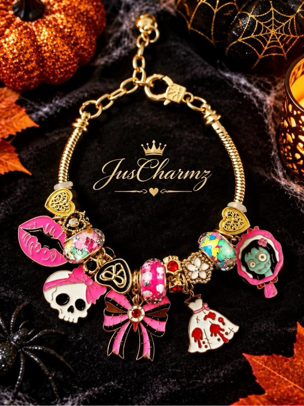 Halloween Pink Skull Spooky Bride Charm Bracelet Coquette Goth